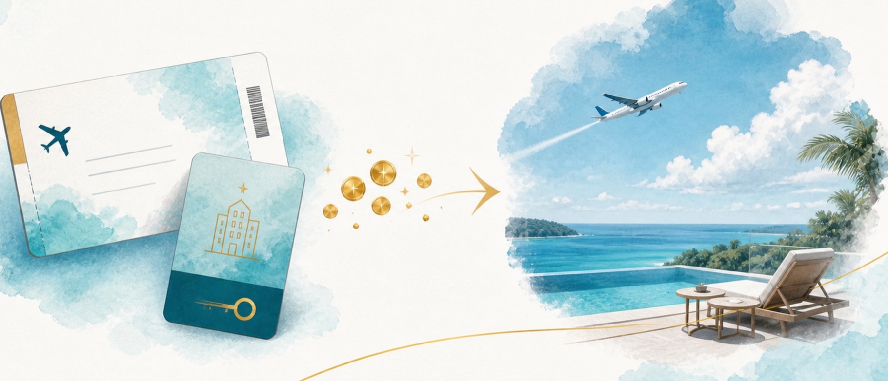 航空券とホテルのカード、ポイント、そしてリゾートへ向かう流れを描いた水彩イラスト