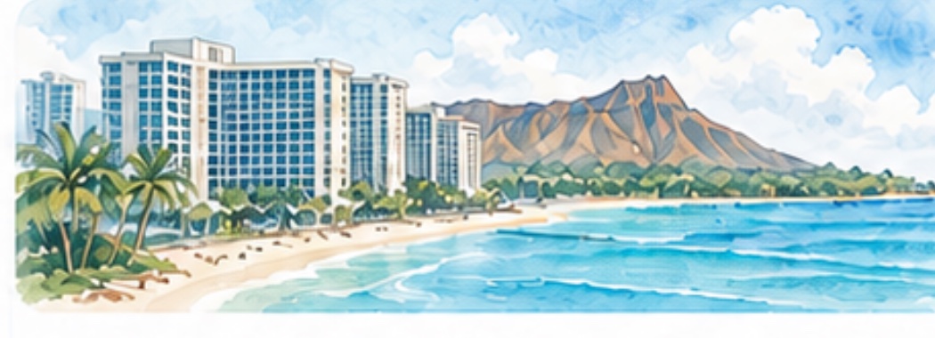 ビーチ沿いに建つリゾートホテルの水彩イラスト